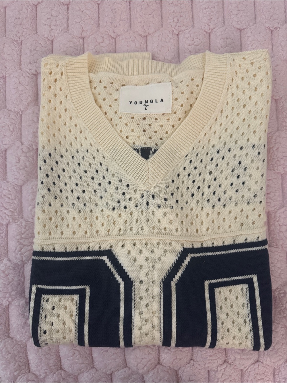 YoungLA Cream V-Neck Knit Sweater with Navy Graphic
